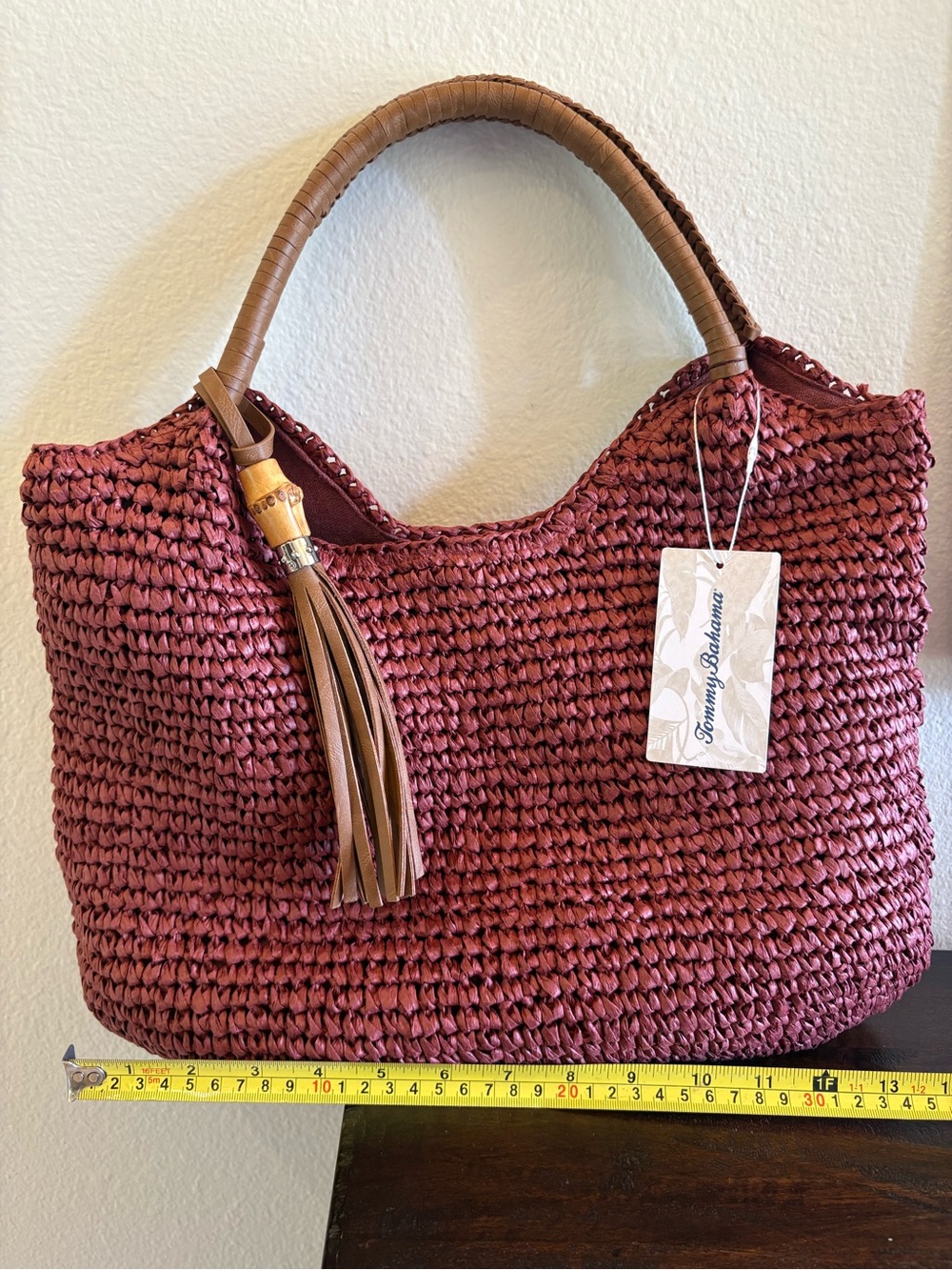 Tommy Bahama Maroon Woven Tote with Leather Tassel - Picture 2 of 5